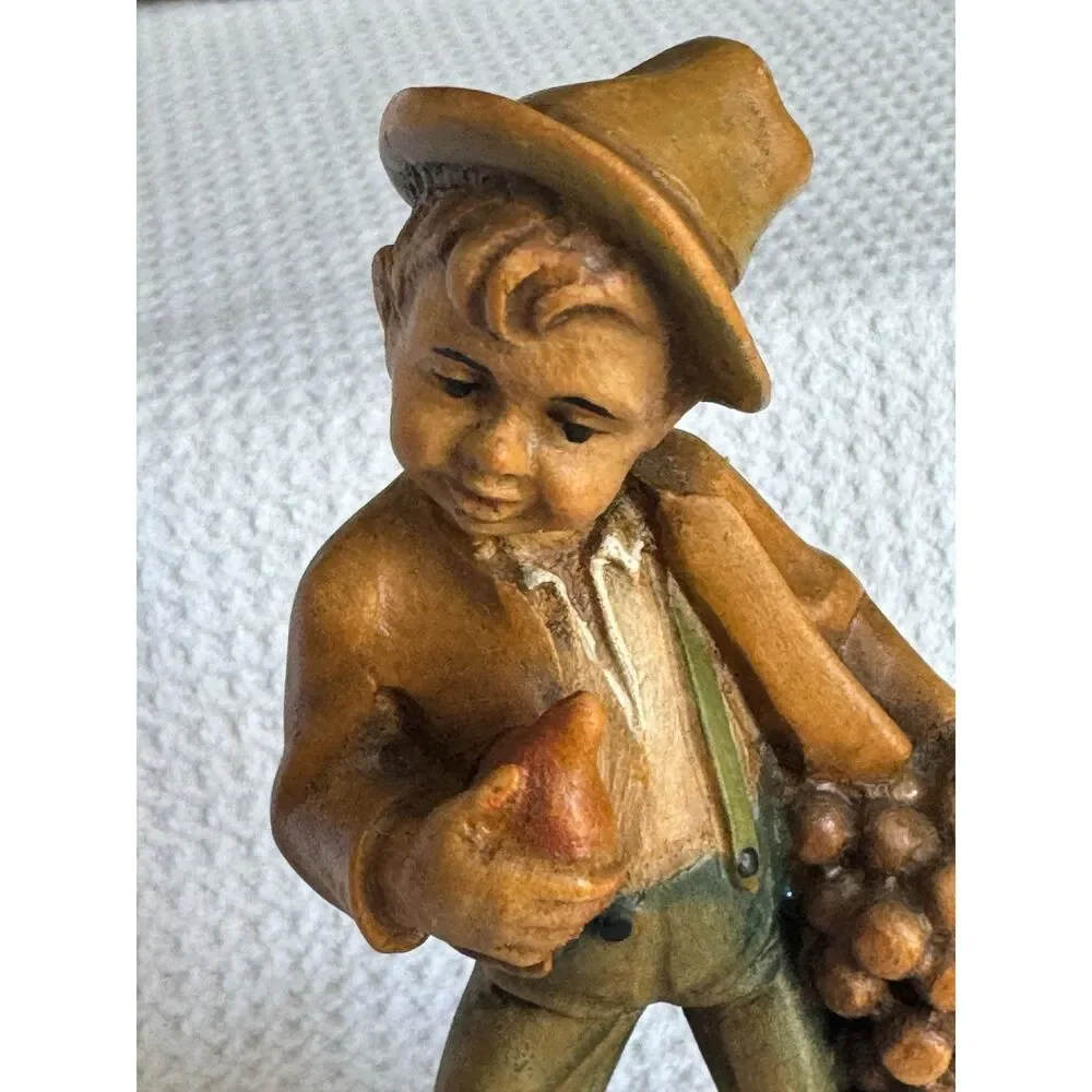 A Senoner Tinderla Hand Carved Wood Boy Figurine Grapes Pear Ortisei Italy